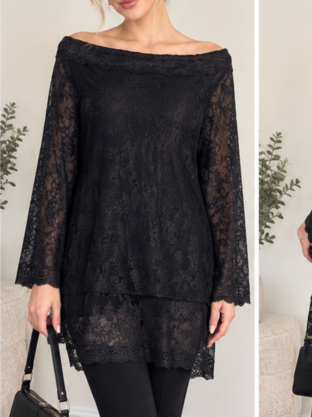 Black Lace Off-Shoulder Long Sleeve Top